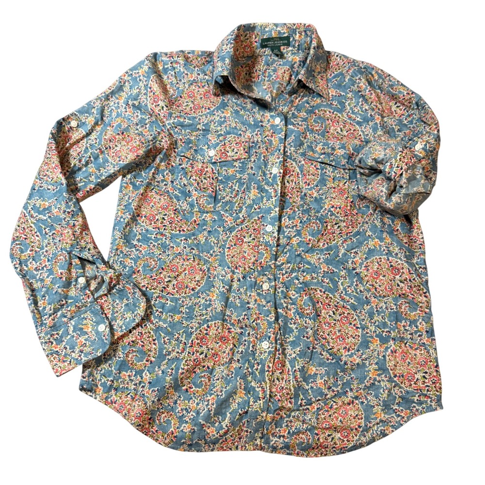 RALPH LAUREN 90's Y2K Size Small Petite Paisley Blue Pocket Shirt Vintage Collar - Picture 3 of 7